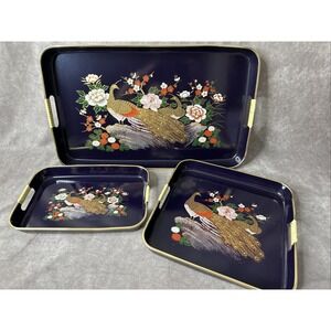 Set Of 3 Serving Tray's Toyo Dk Blue Lacquerware Japan Floral Decor Gilded Trim